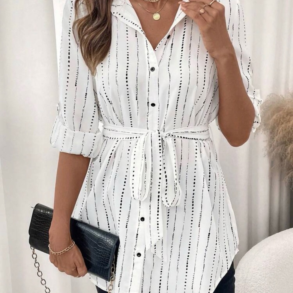 Tie-Waist Button-Down Shirt Dress - White with Black Stripe